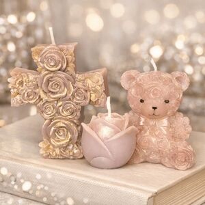Handmade Rose Bear & Cross Candle Set – Shimmer Finish – Beeswax – Gift Set